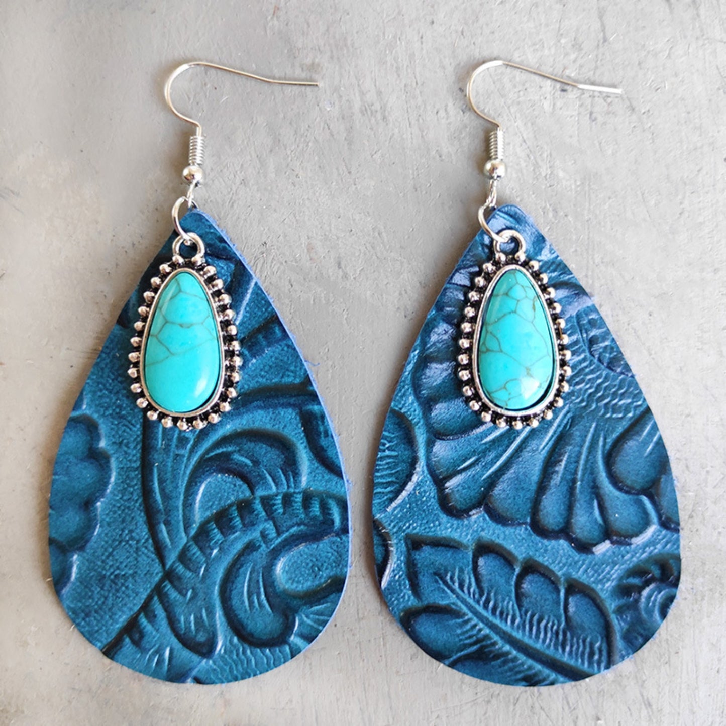 Leather Turquoise Teardrop Earrings- 3 Colors