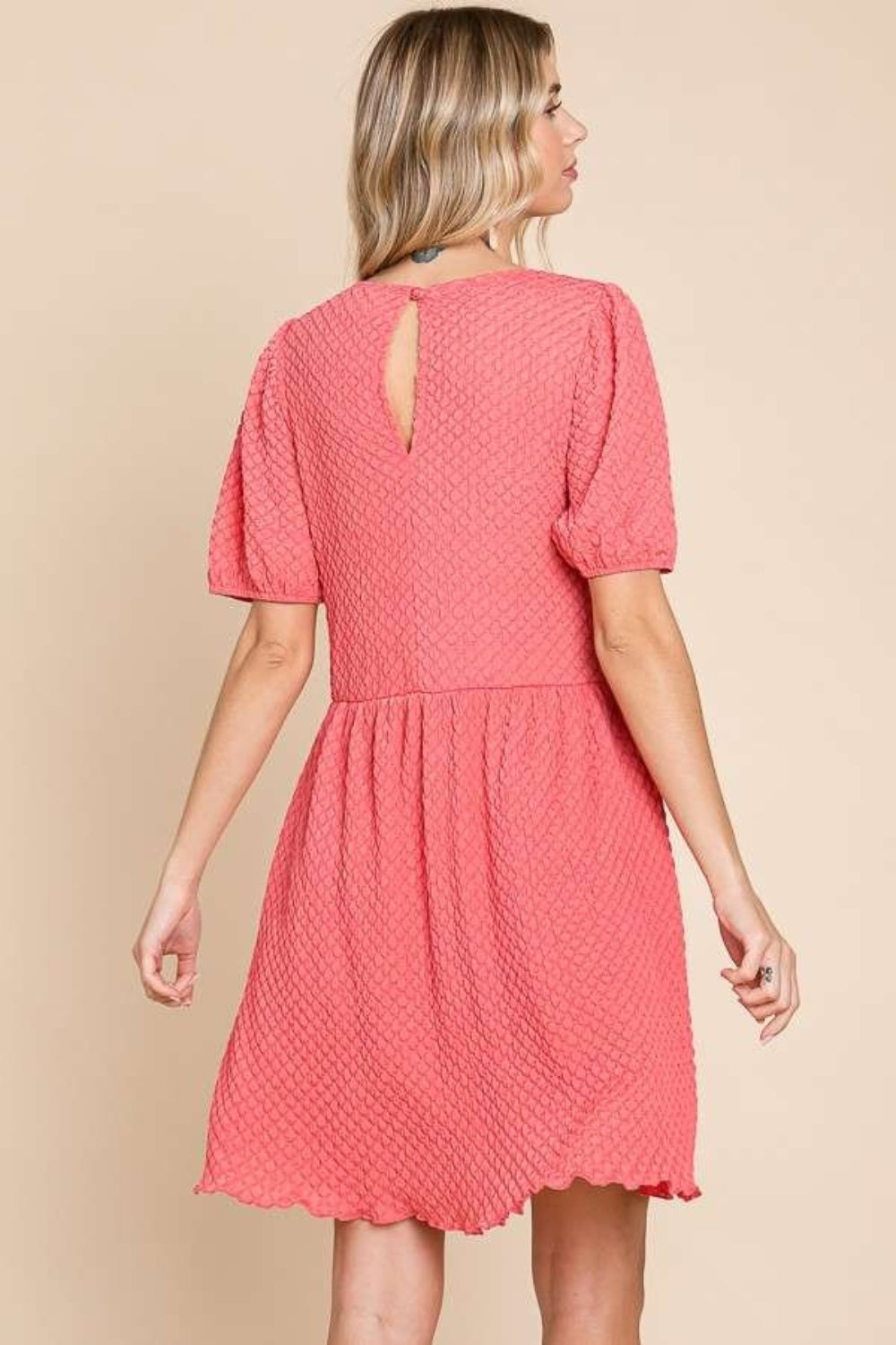 Coral Pink Textured Puff Sleeve Dress