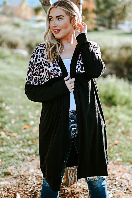 Plus Size Open Front Dropped Shoulder Cardigan- Leopard & Buffalo Plaid