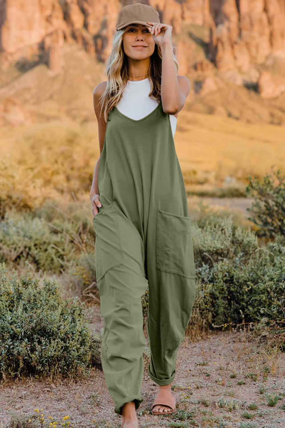 V-Neck Sleeveless Jumpsuit with Pockets- 6 Colors