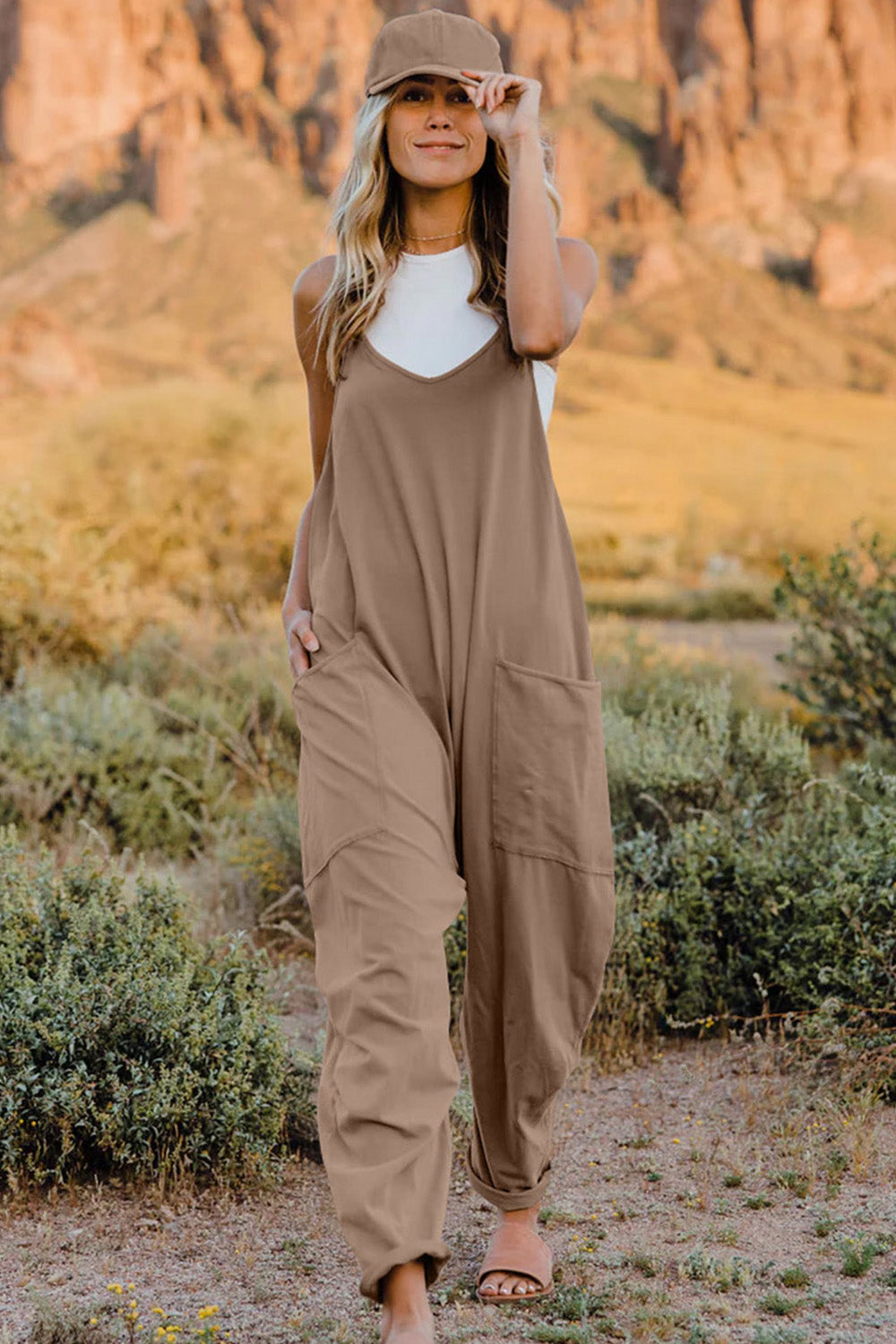 V-Neck Sleeveless Jumpsuit with Pockets- 6 Colors