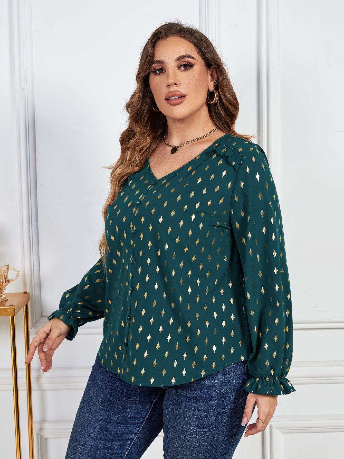 Honey Melo Apparel Plus Size Printed Frill Trim Flounce Sleeve Blouse