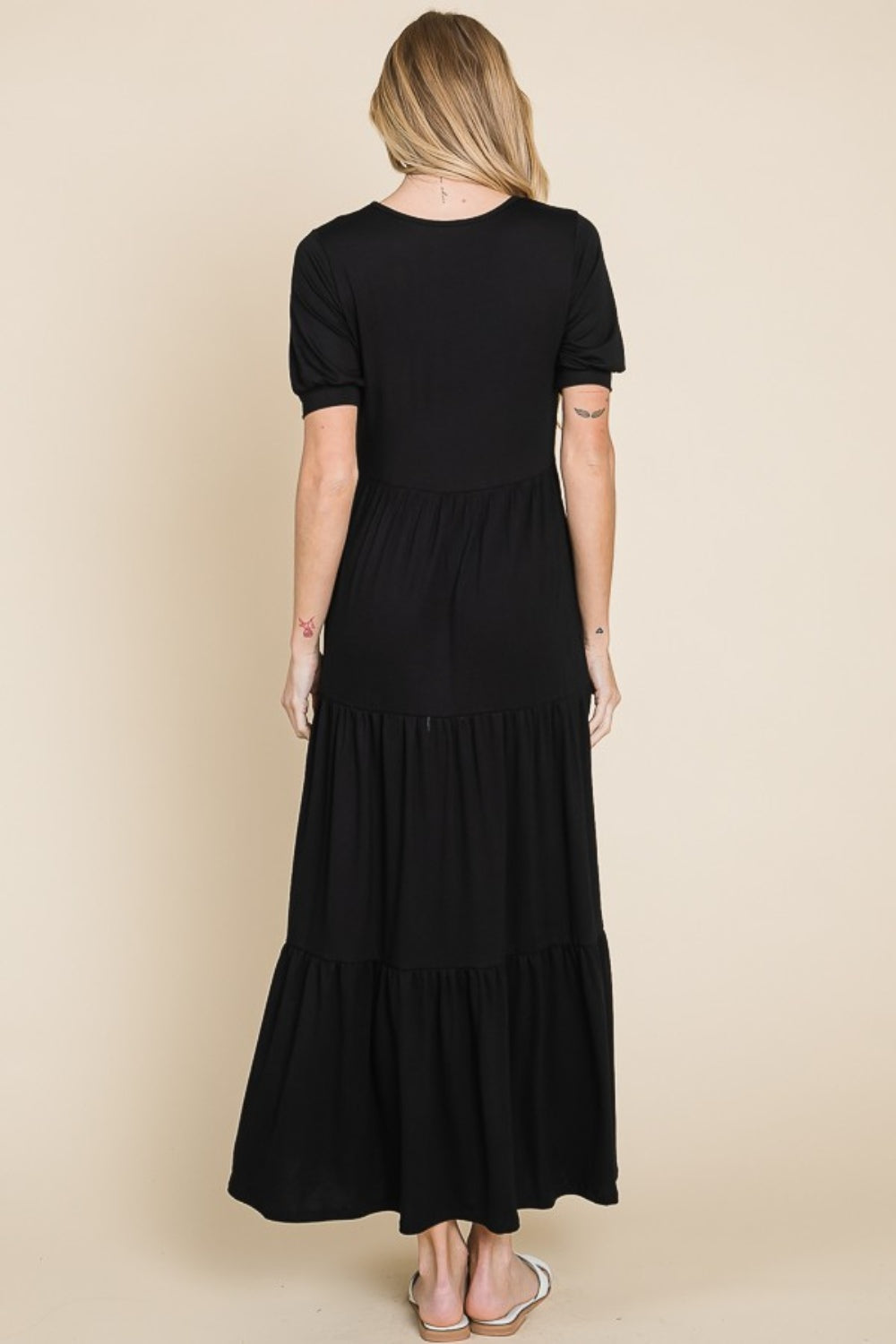 Black Short Sleeve Tiered Maxi Dress