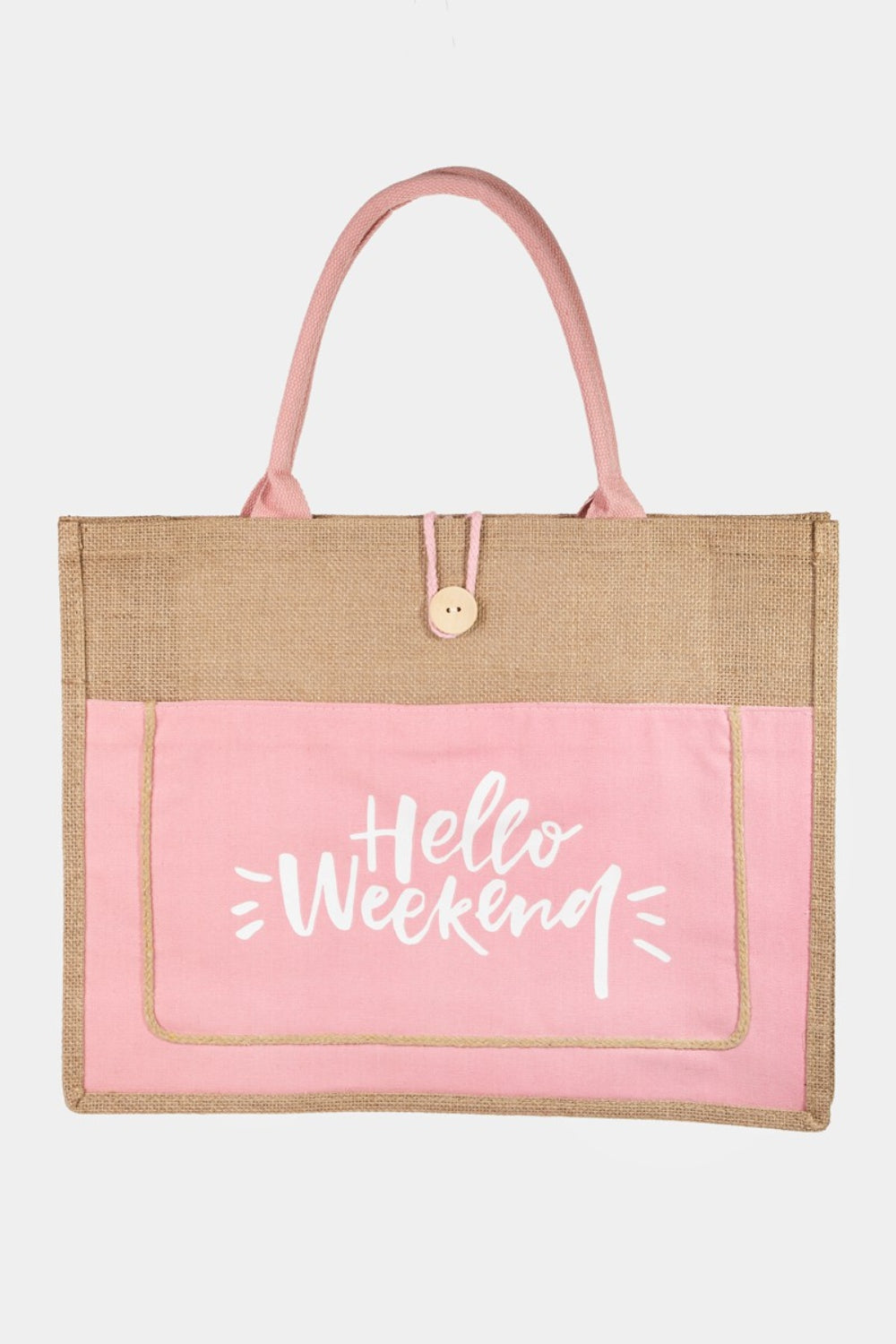 Hello Weekend Burlap Tote Bag- 3 Colors