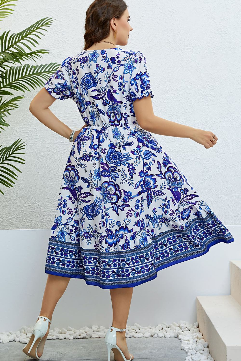 Floral Flounce Sleeve Surplice Dress- Cobalt Blue