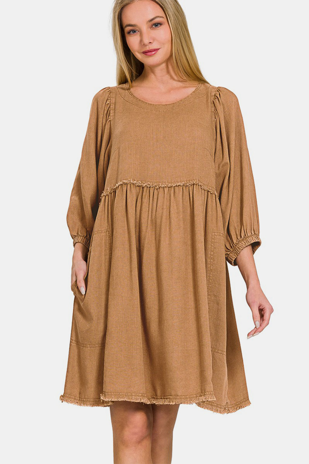 Camel Colored Pleated Puff Sleeve Babydoll Dress