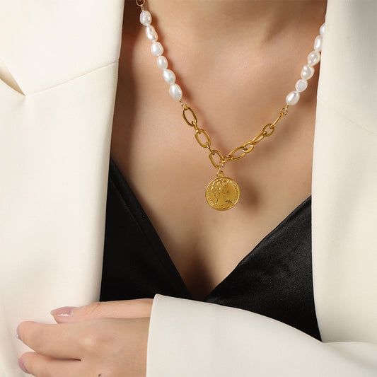 Gold Coin Pendant Pearl Necklace
