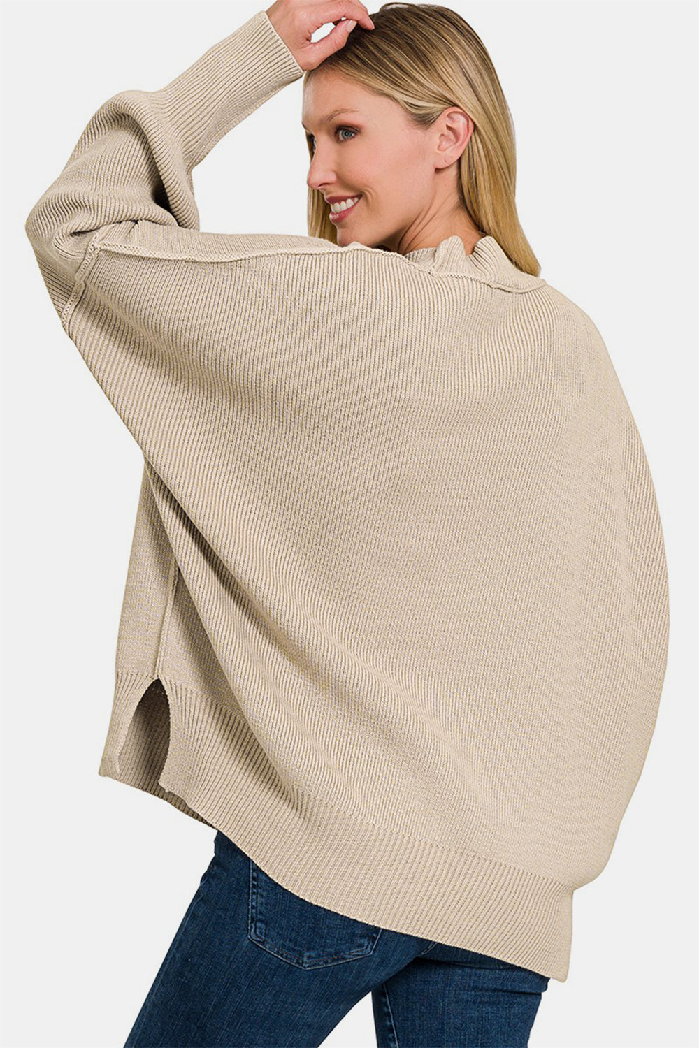 Beige Side Slit Oversize Sweater