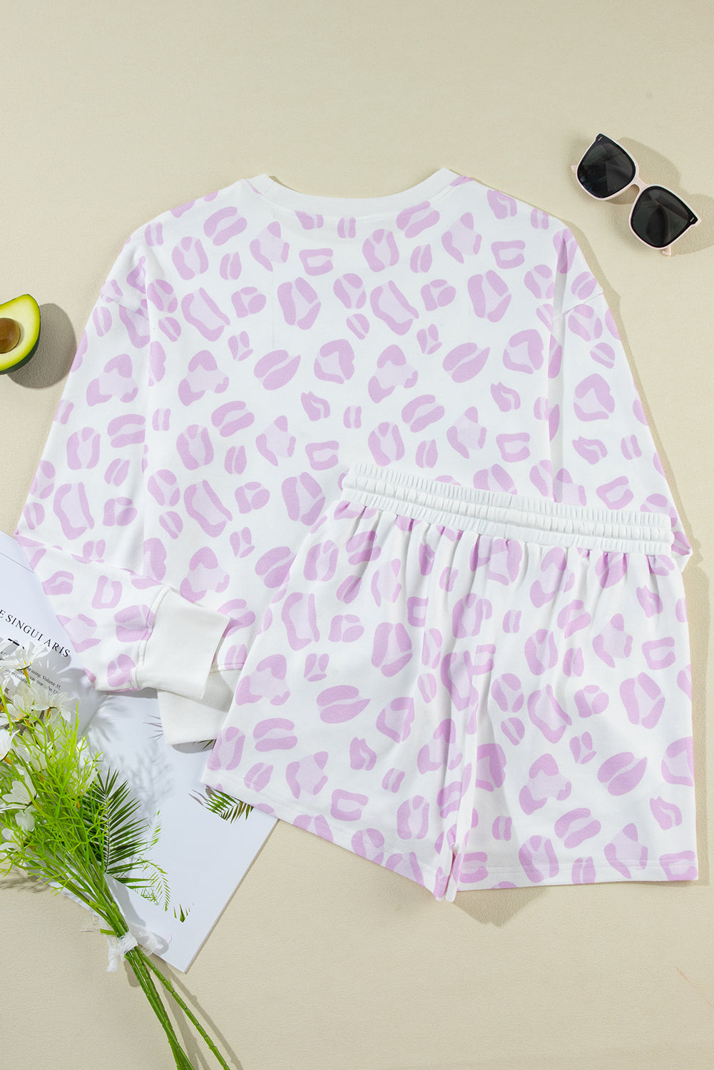 Pink/White Leopard Long Sleeve Top and Drawstring Shorts Lounge Set