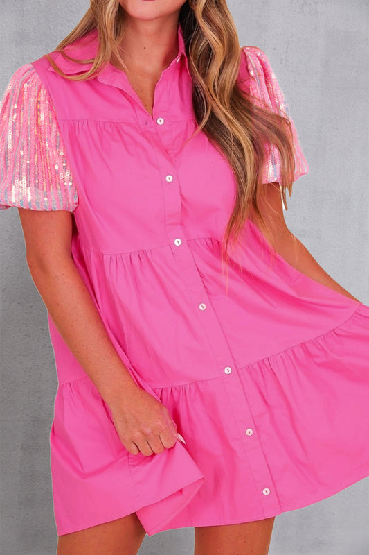 Pink Sequin Button Up Tiered Dress