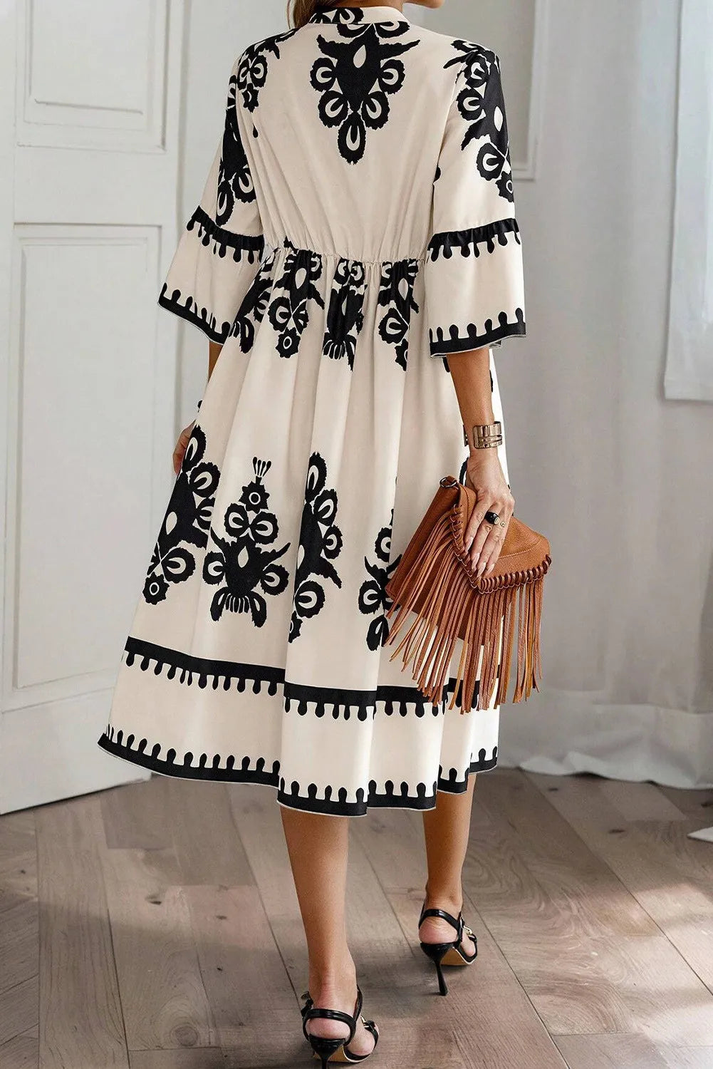 Printed Half Sleeve Dress- Ivory and Black