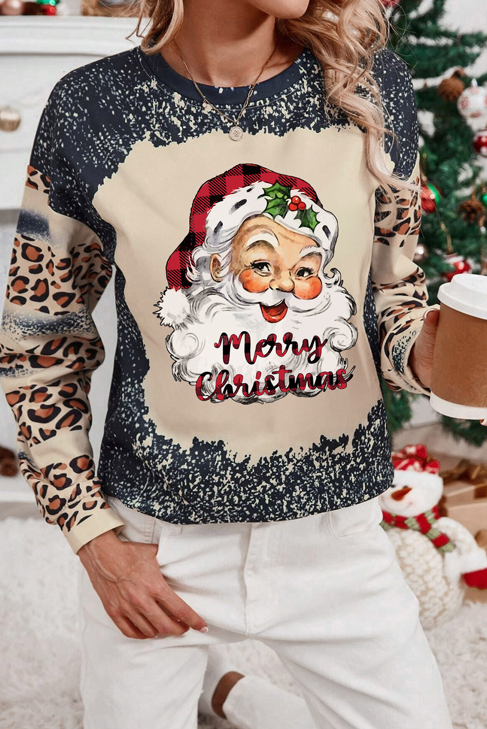 Santa Leopard Dropped Shoulder Sweatshirt