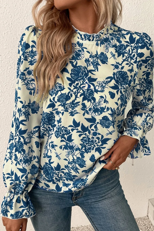 Peacock Blue Printed Mock Neck Flounce Sleeve Blouse