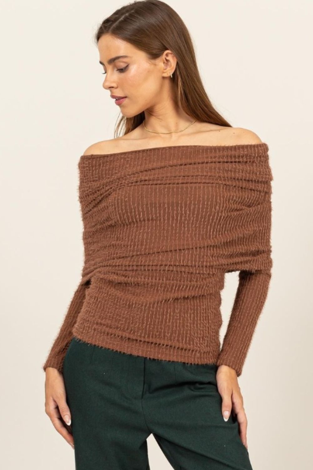 Brown Fuzzy Off Shoulder Knit Top