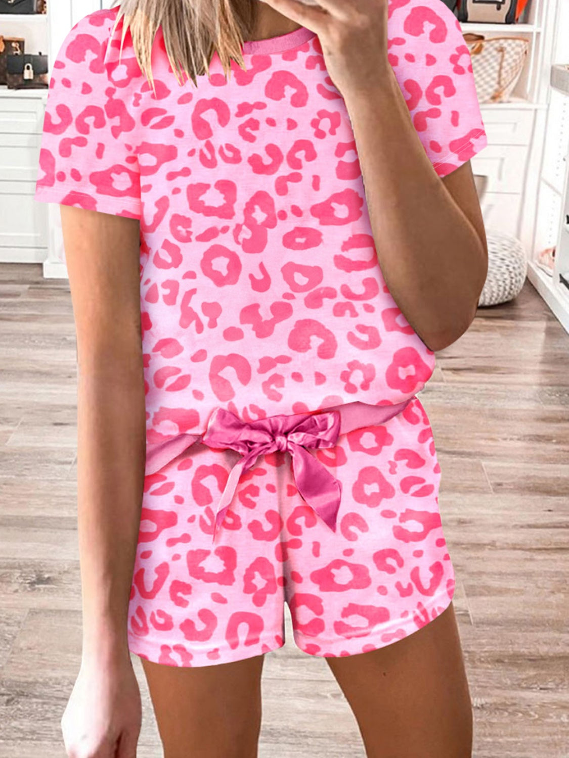 Hot Pink Leopard Round Neck Top and Shorts Lounge Set