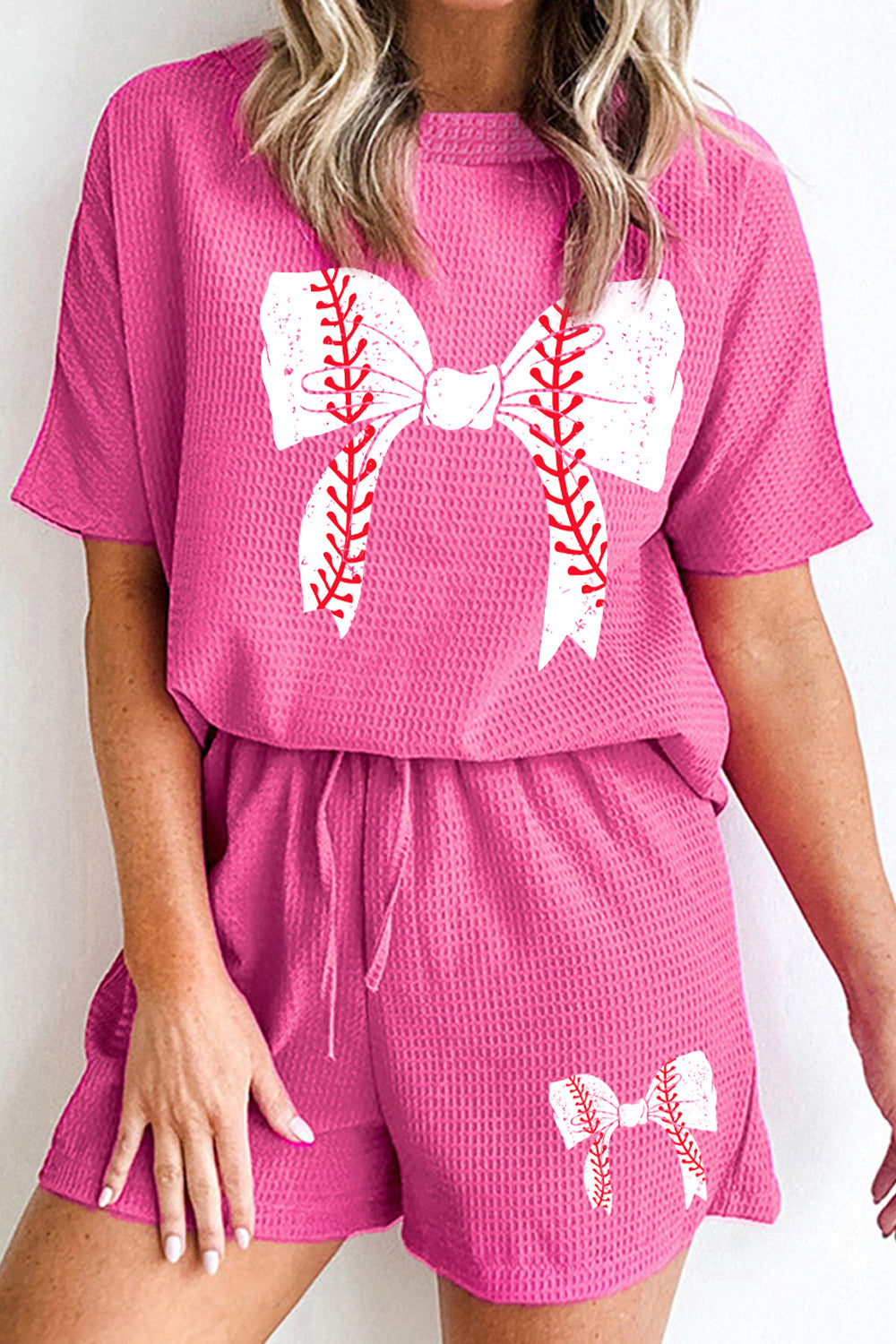 Baseball Waffle-Knit Bow Top and Shorts Set- Hot Pink