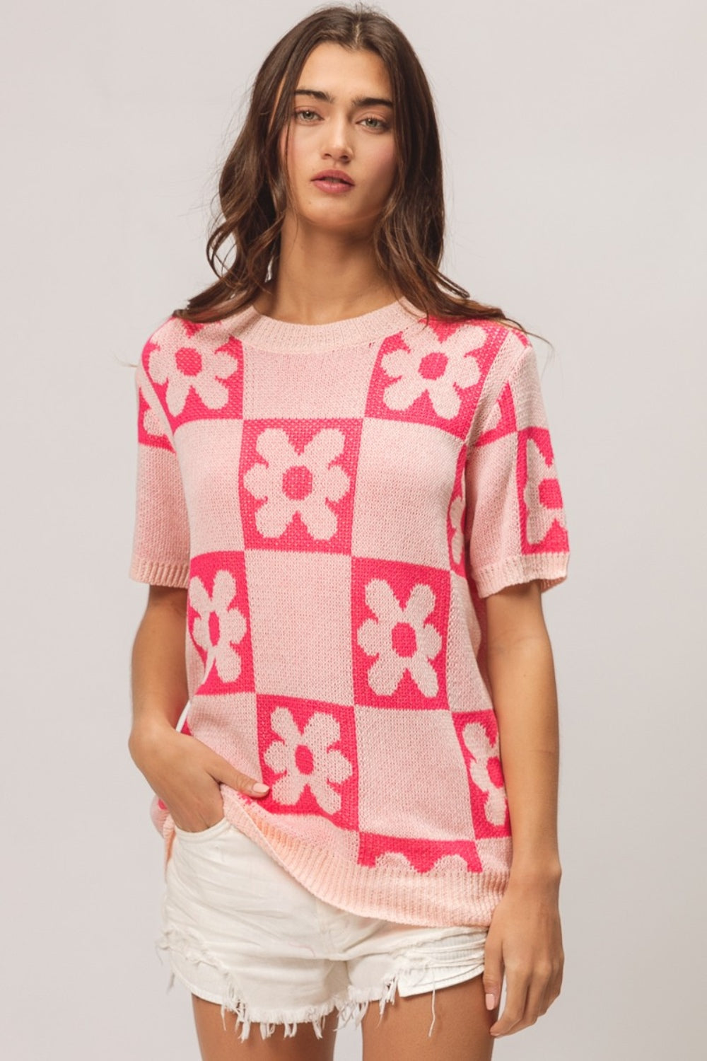 Flower Checker Pattern Short Sleeve Sweater- Blush