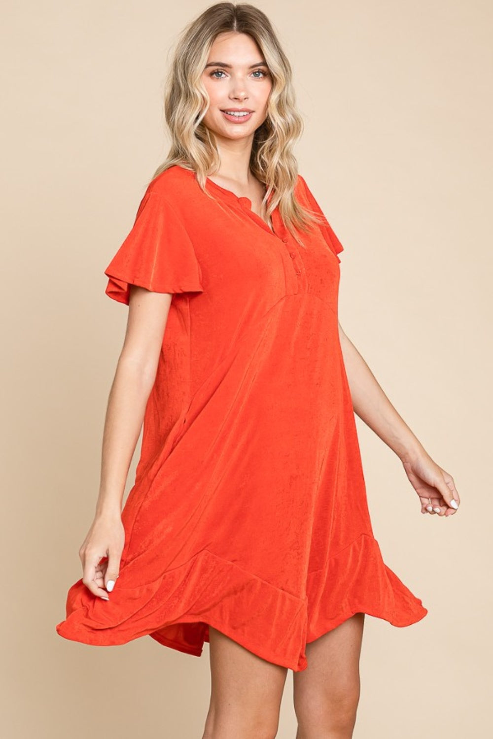 Scarlet Short Sleeve Ruffled Asymmetric Hem Dress