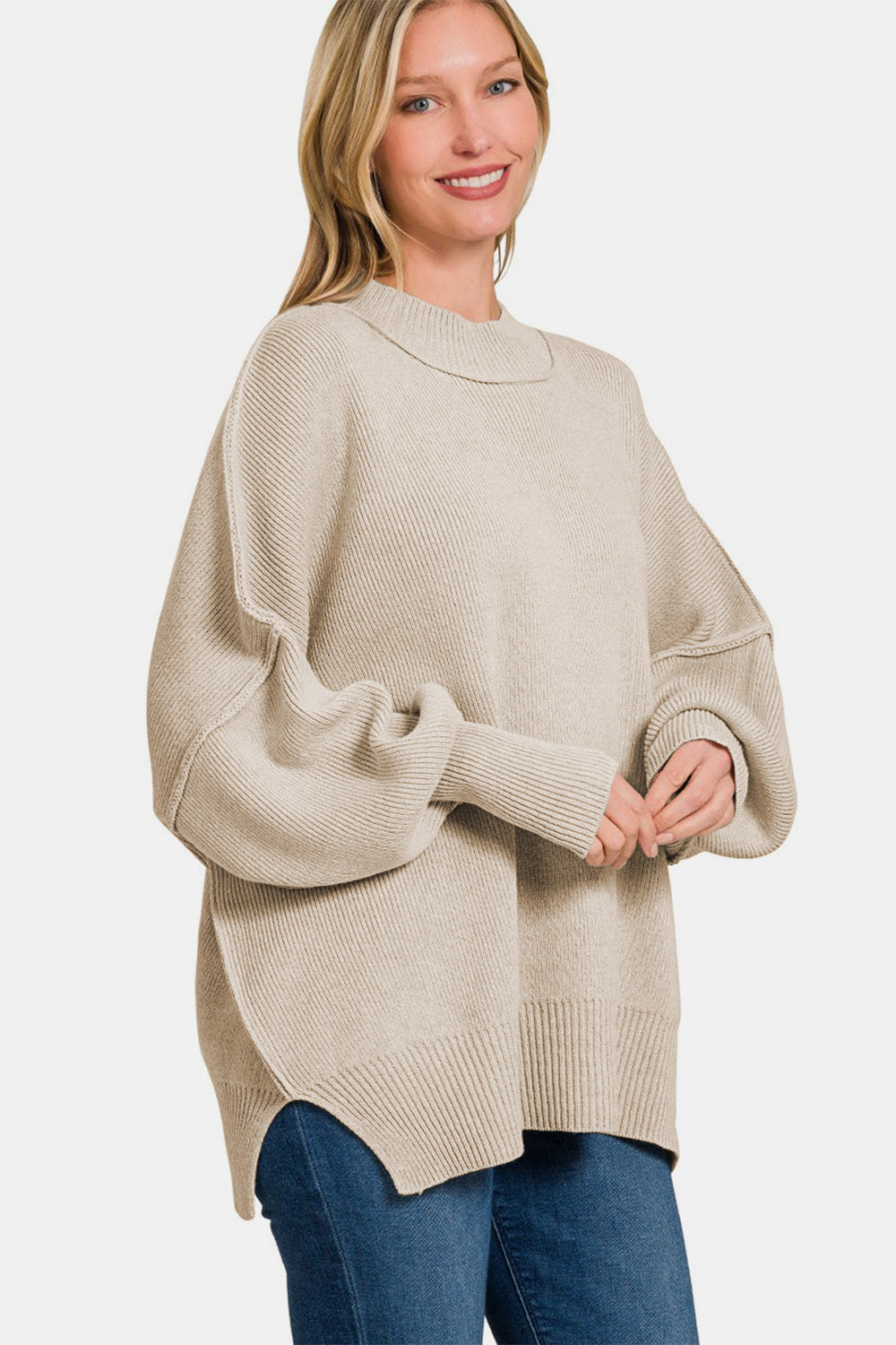 Beige Side Slit Oversize Sweater