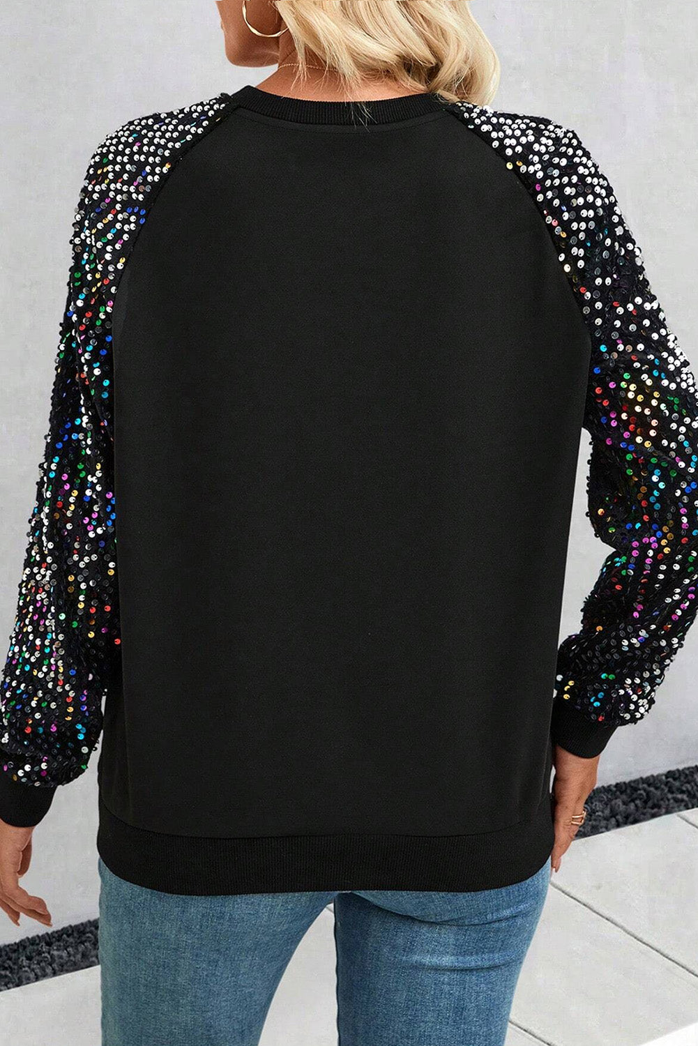 Sequin Round Neck Long Sleeve Blouse-Multi Colored