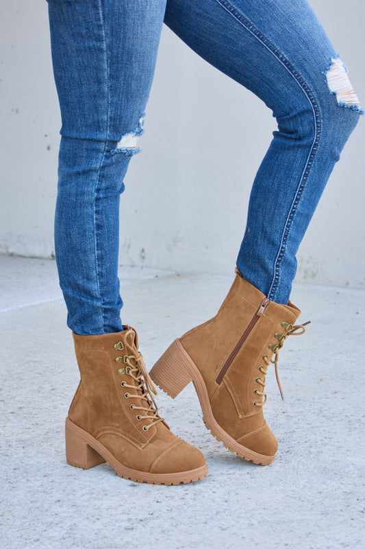 Tan Lace-Up Zipper Detail Heel Boots