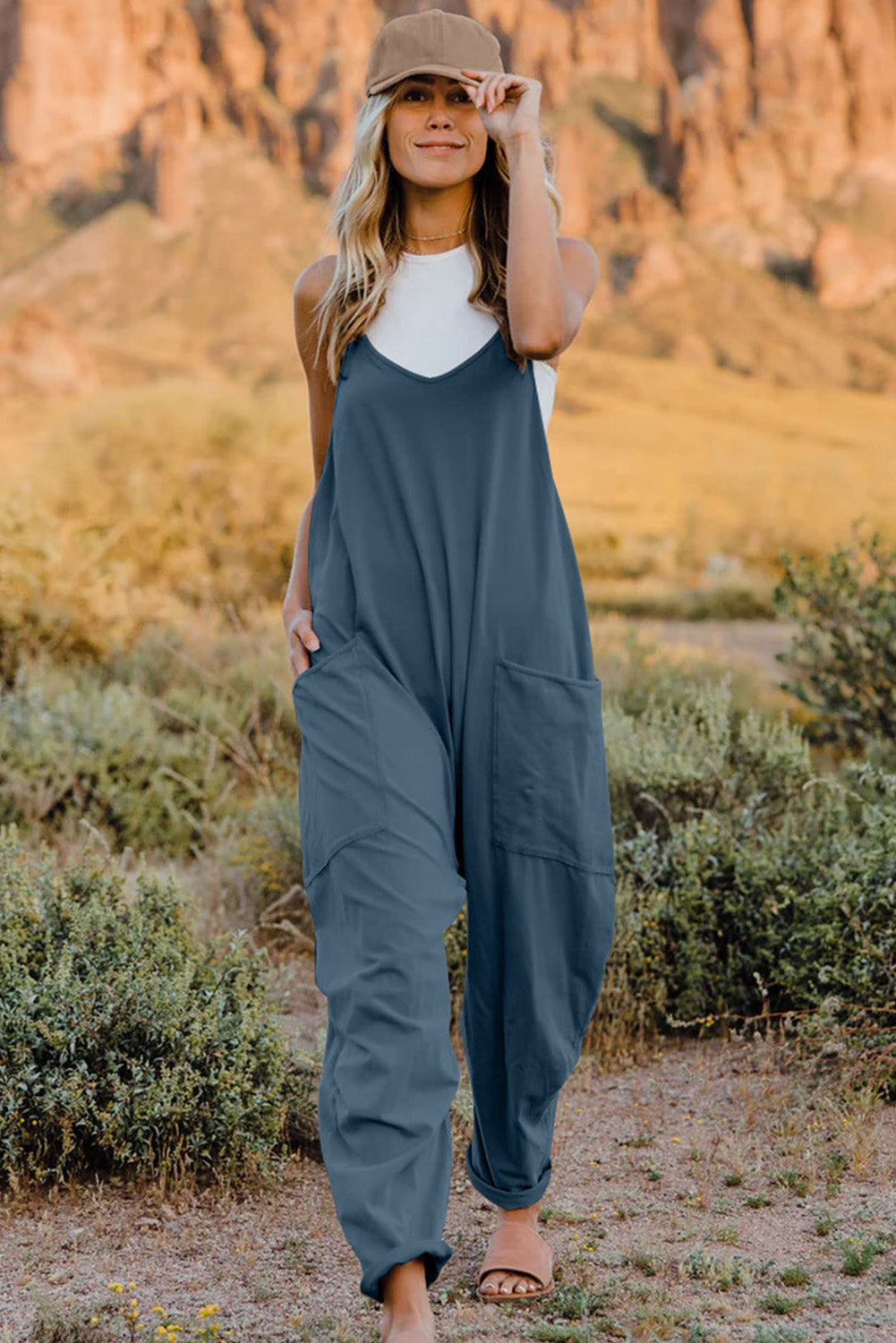 V-Neck Sleeveless Jumpsuit with Pockets- 6 Colors