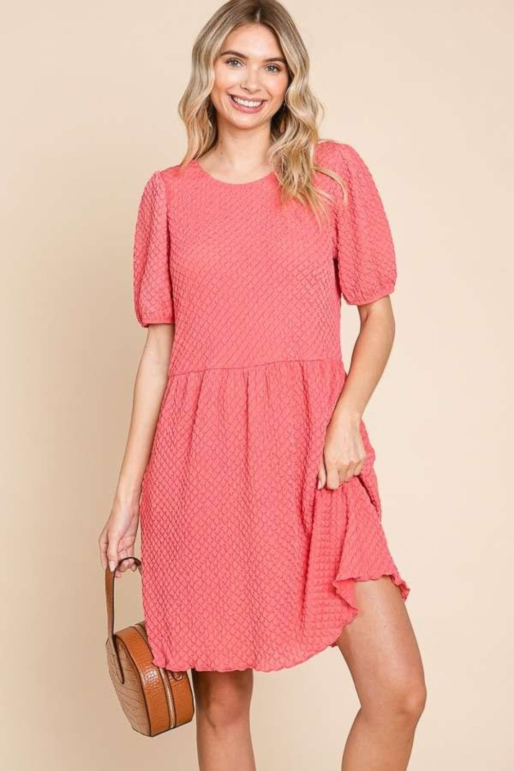 Coral Pink Textured Puff Sleeve Dress