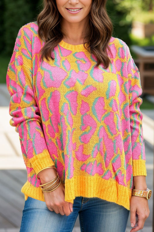 Leopard Contrast Round Neck Long Sleeve Sweater