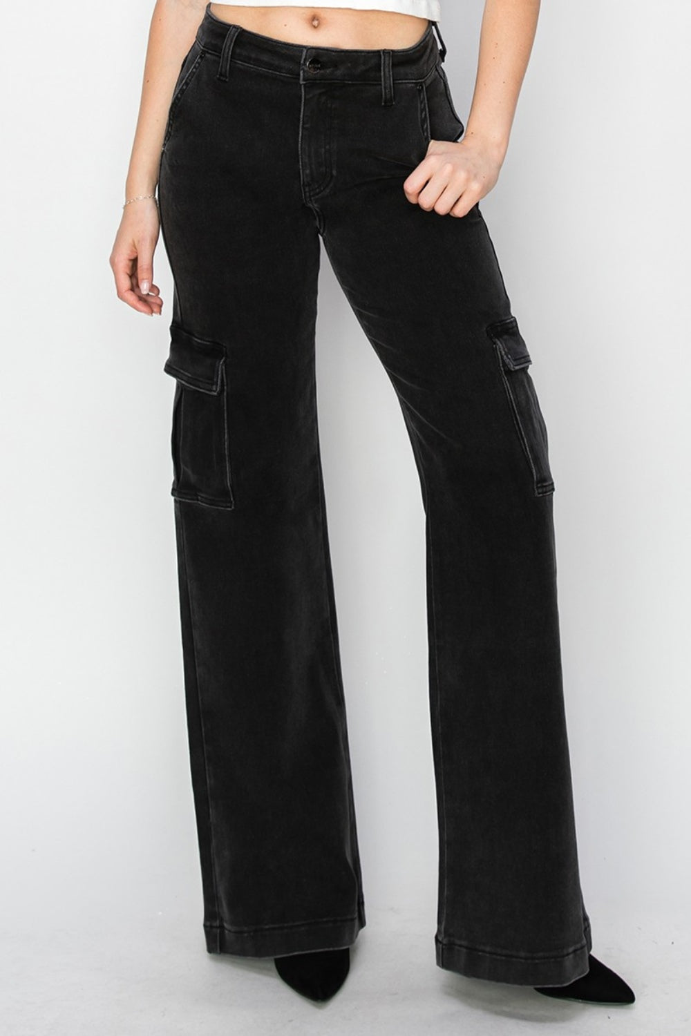 Black Risen High Rise Wide Leg Cargo Jeans