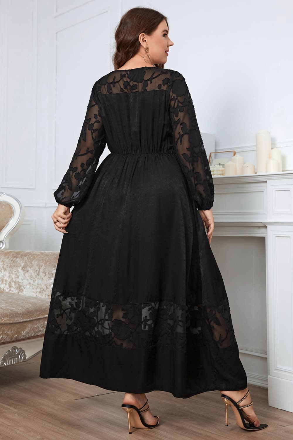 Plus Size Embroidery Long Sleeve Maxi Dress- Black