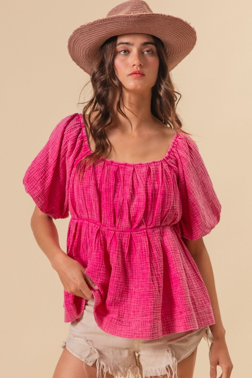 Fuchsia Pleated Puff Sleeve Blouse