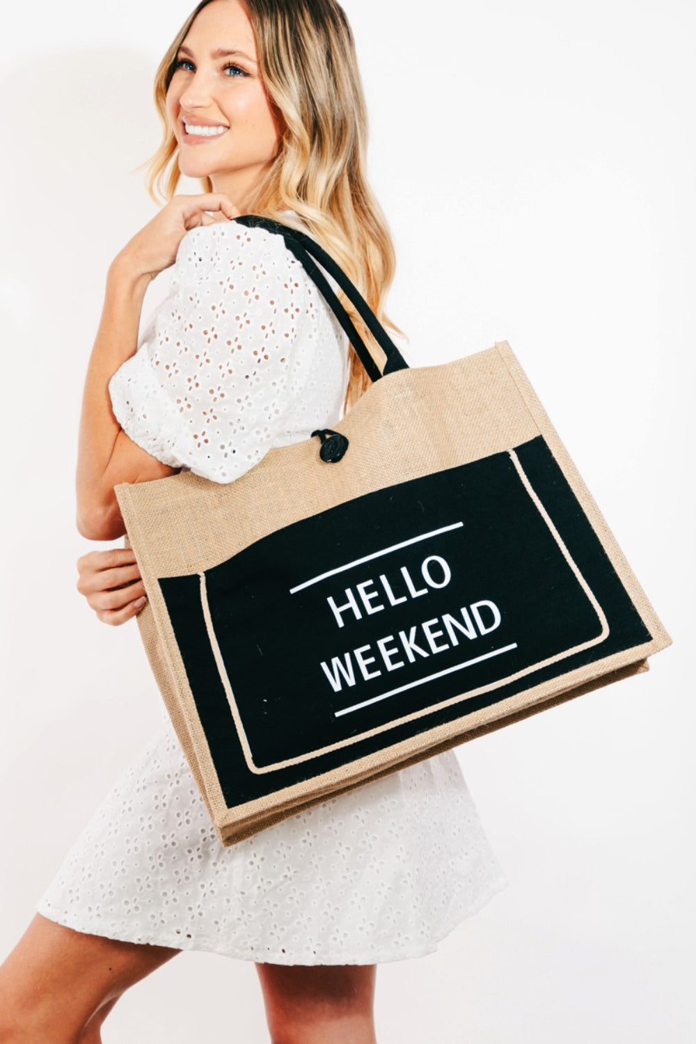 Hello Weekend Burlap Tote Bag- 3 Colors