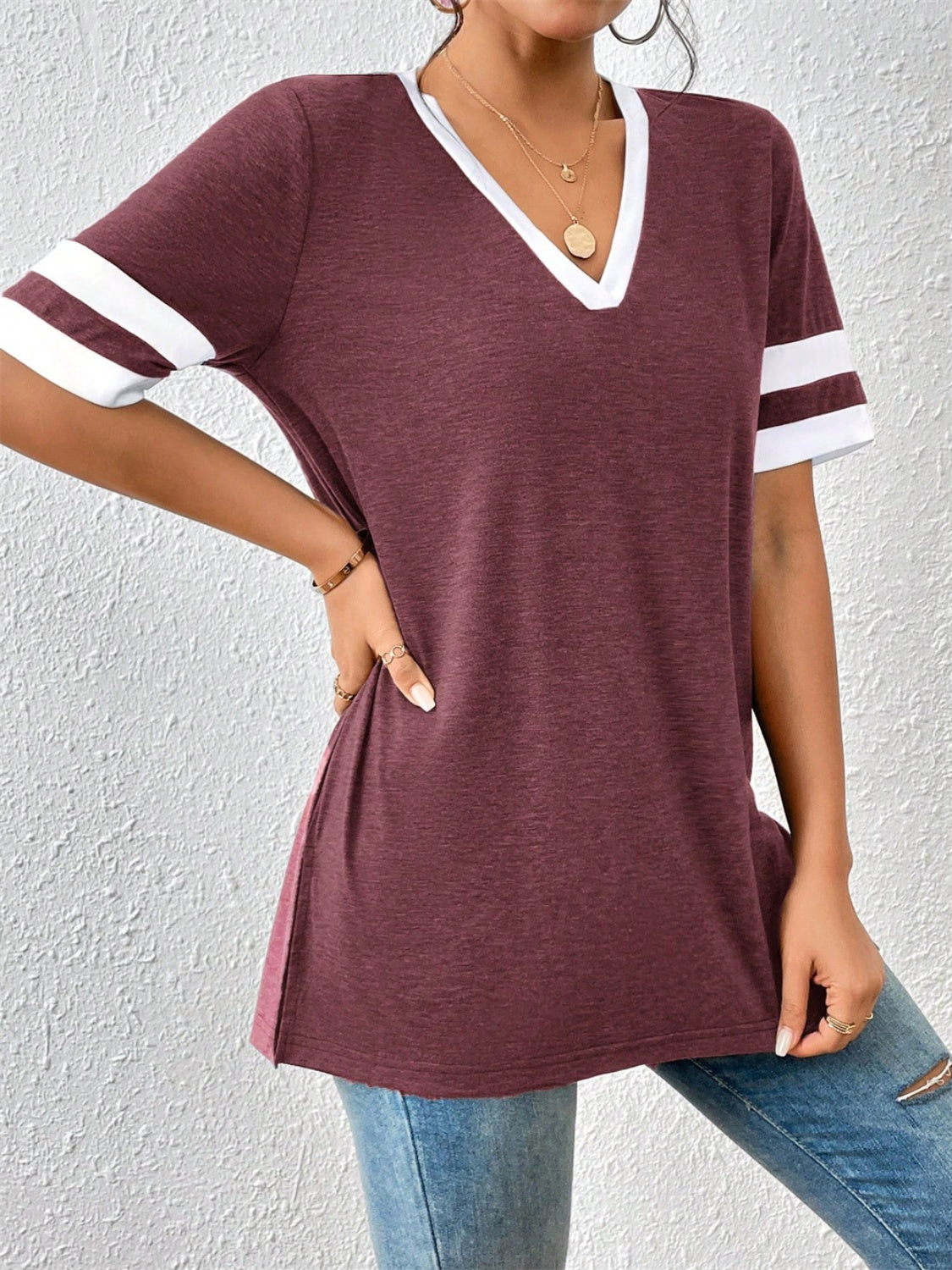 Plum Varsity V-Neck T-Shirt