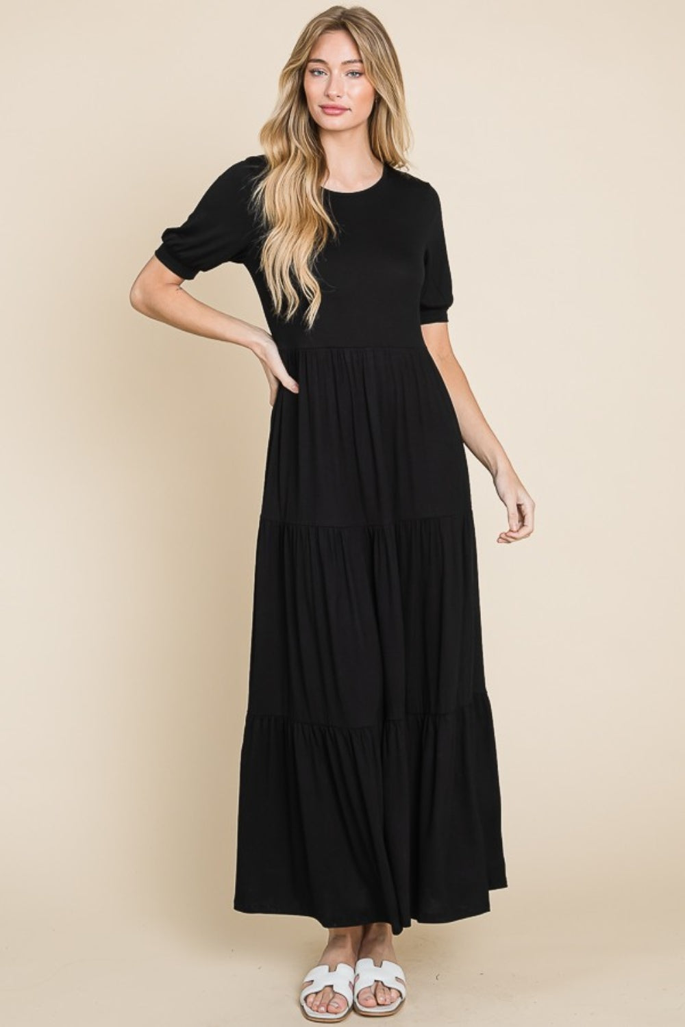 Black Short Sleeve Tiered Maxi Dress