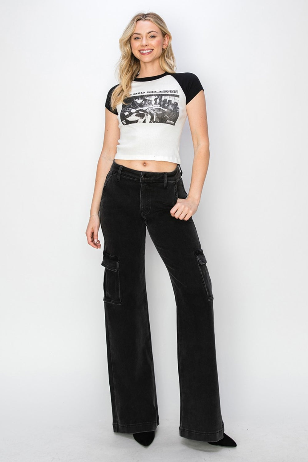 Black Risen High Rise Wide Leg Cargo Jeans