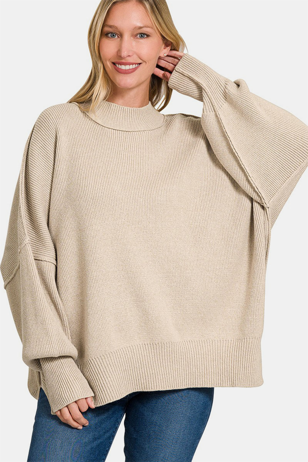 Beige Side Slit Oversize Sweater