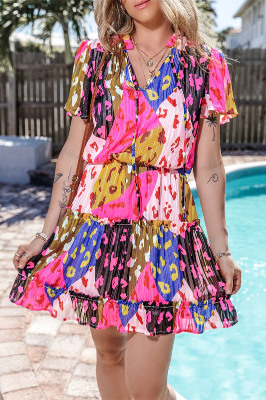 Leopard Printed Tie Neck Short Sleeve Mini Dress