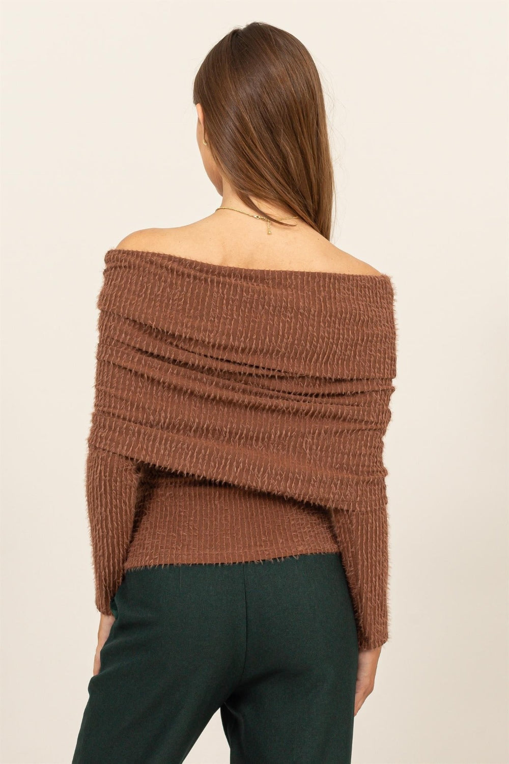 Brown Fuzzy Off Shoulder Knit Top