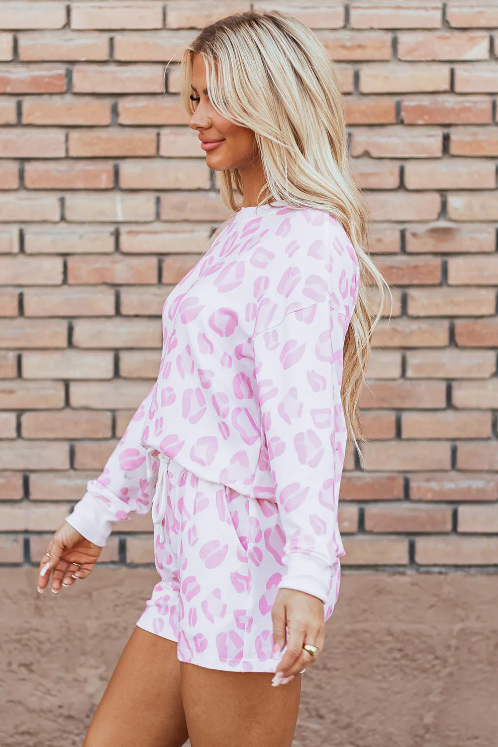 Pink/White Leopard Long Sleeve Top and Drawstring Shorts Lounge Set