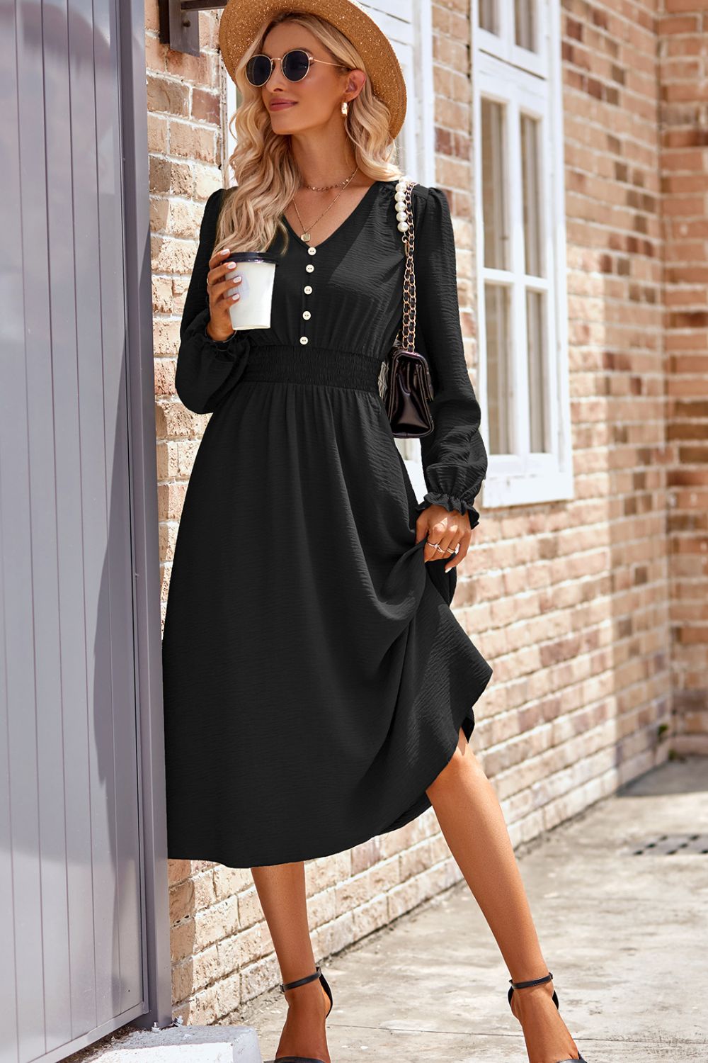 Smocked V-Neck Flounce Sleeve Midi Dress