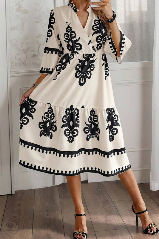 Printed Half Sleeve Dress- Ivory and Black